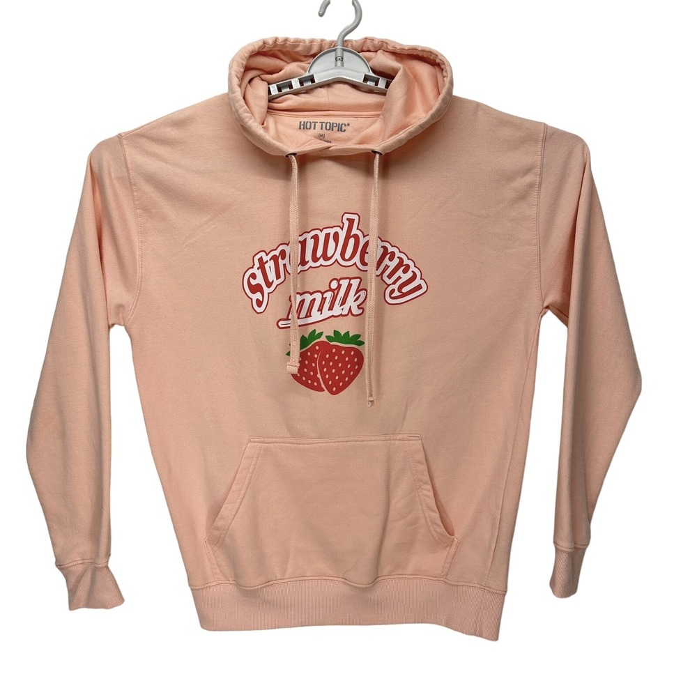 Hot Topic Hoodie Womens Size M Peachy Pink Long Sleeve Strawberry Milk Juice Box